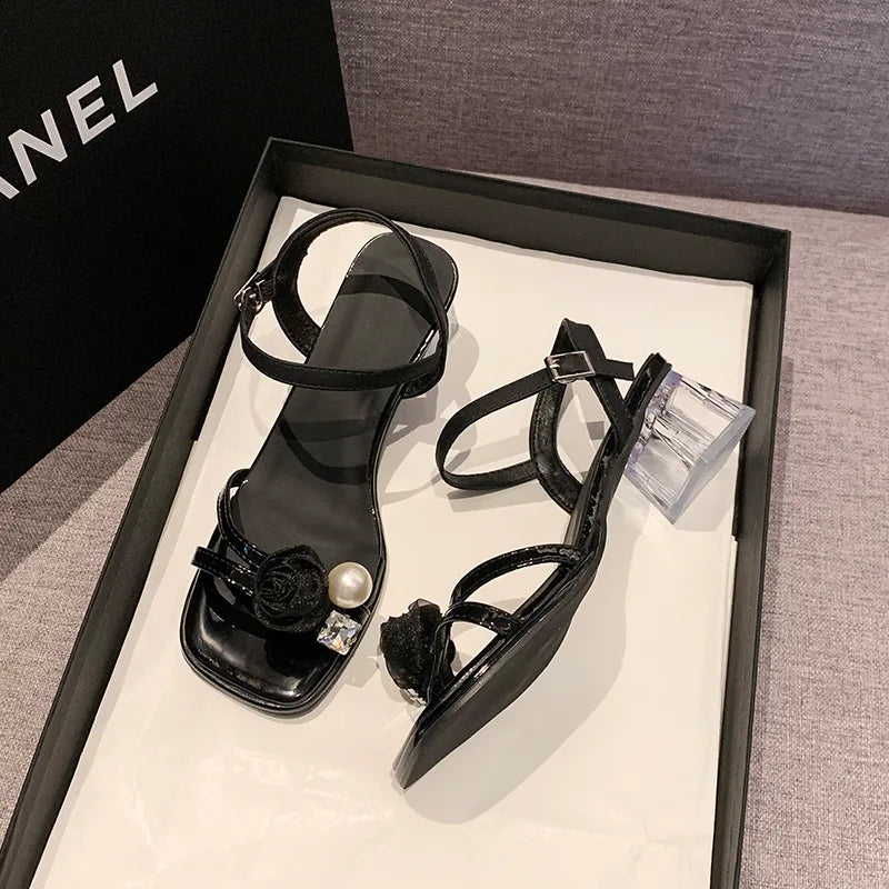 Women’s pearl and floral ankle-strap block heel sandals