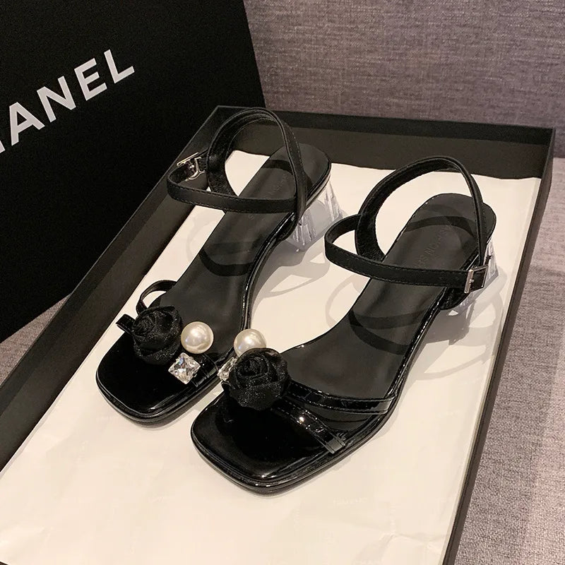 Women’s pearl and floral ankle-strap block heel sandals