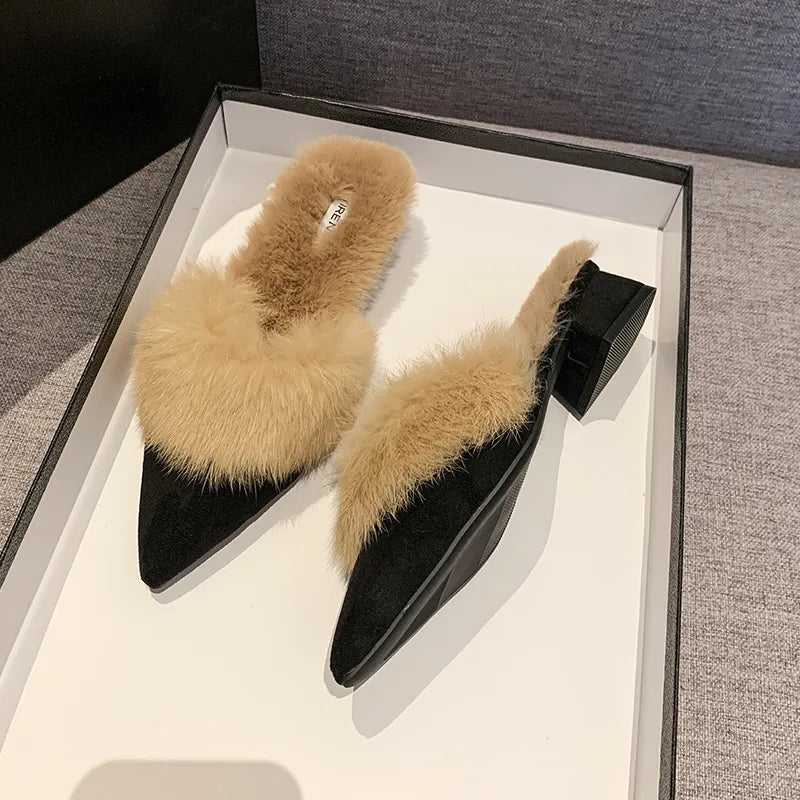 Pointed-toe suede mules with a faux-fur lining for cozy fall and winter wear