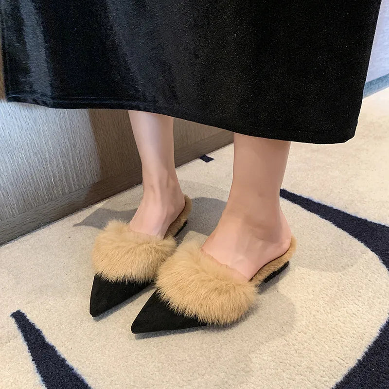 Pointed-toe suede mules with a faux-fur lining for cozy fall and winter wear