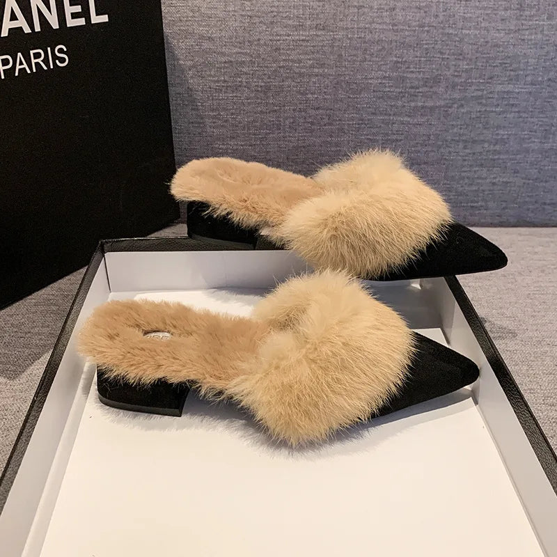 Pointed-toe suede mules with a faux-fur lining for cozy fall and winter wear