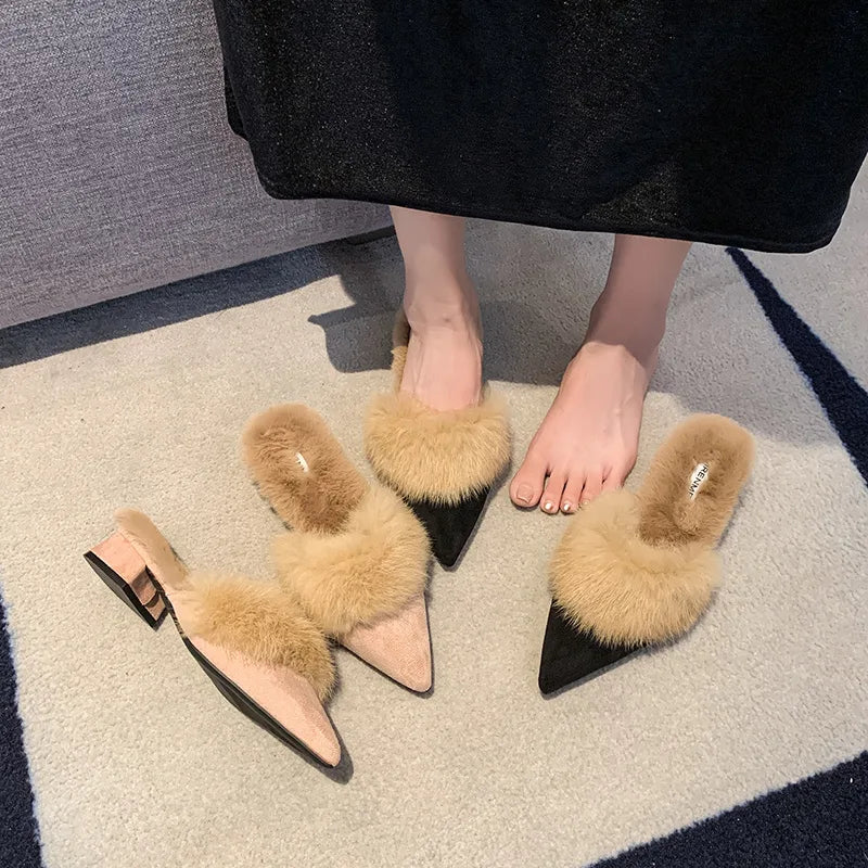 Pointed-toe suede mules with a faux-fur lining for cozy fall and winter wear