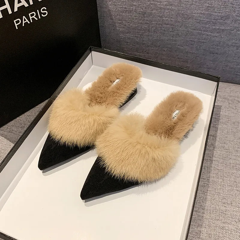 Pointed-toe suede mules with a faux-fur lining for cozy fall and winter wear