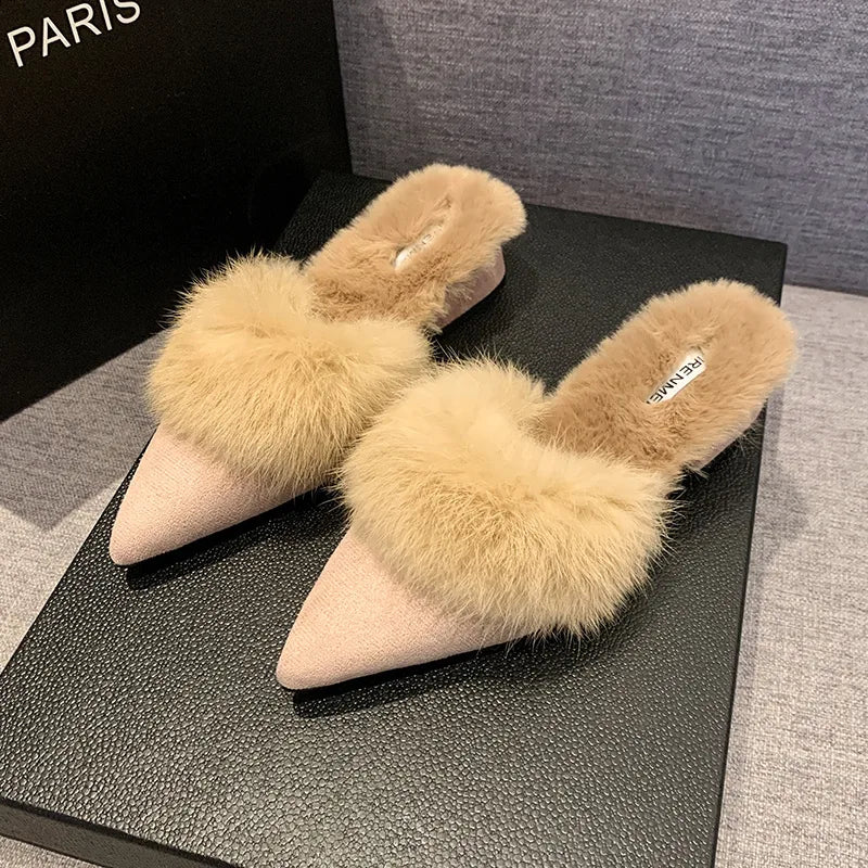 Pointed-toe suede mules with a faux-fur lining for cozy fall and winter wear