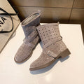 Suede cutout ankle booties with a block heel