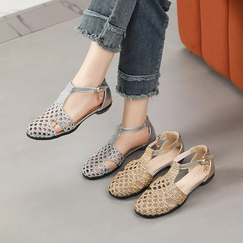 Women’s woven closed-back sandals with hollow-out detail – Roman-style microfiber flats