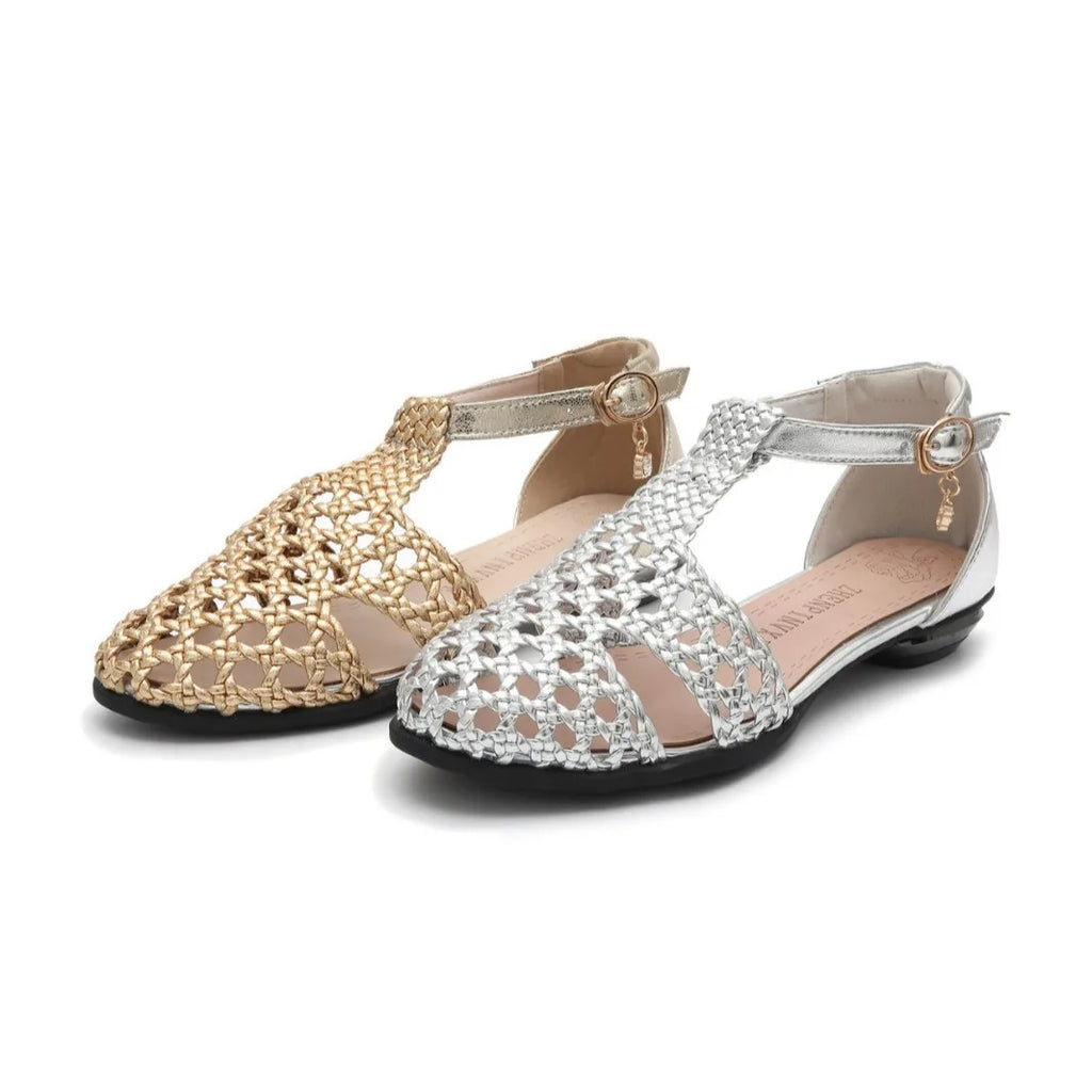 Women’s woven closed-back sandals with hollow-out detail – Roman-style microfiber flats