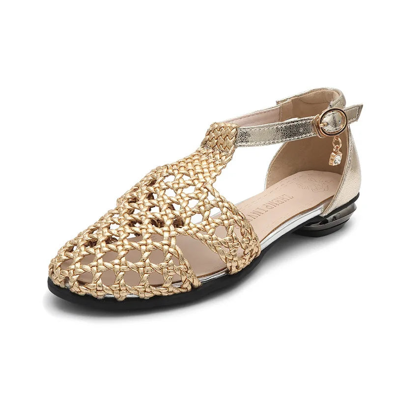 Women’s woven closed-back sandals with hollow-out detail – Roman-style microfiber flats
