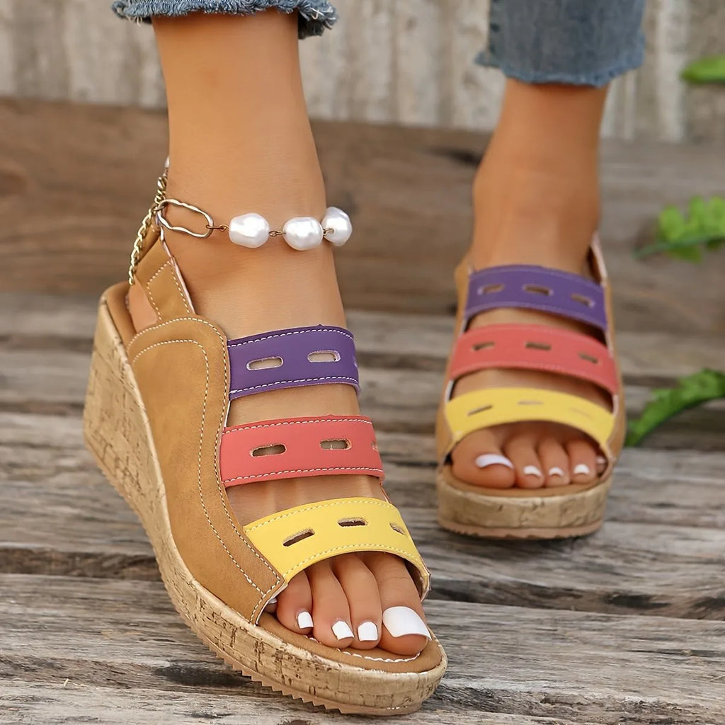 Women’s color-block platform sandals with velcro strap – chunky sole sandals for summer