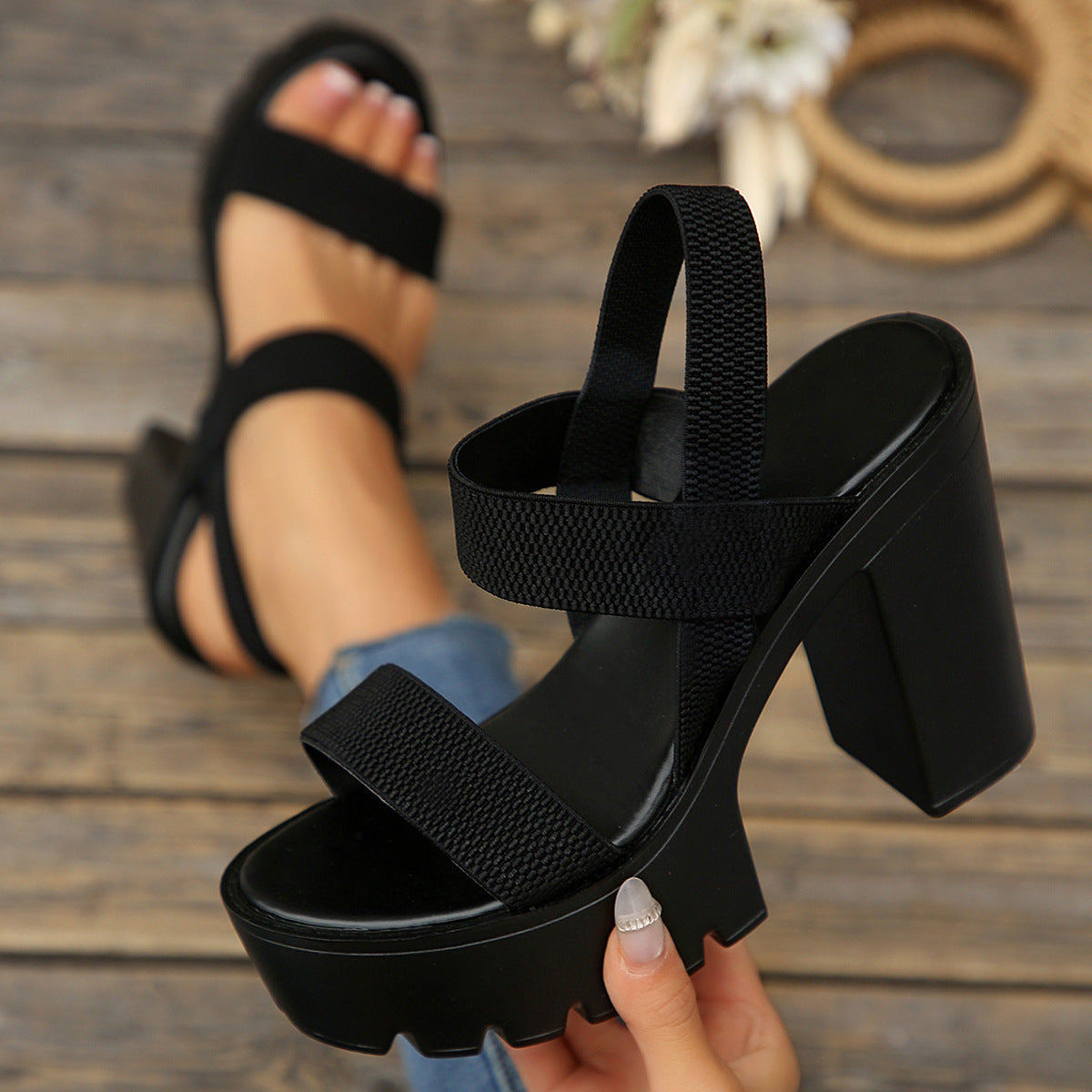 Chunky high-heel slide sandals with a rivet strap detail