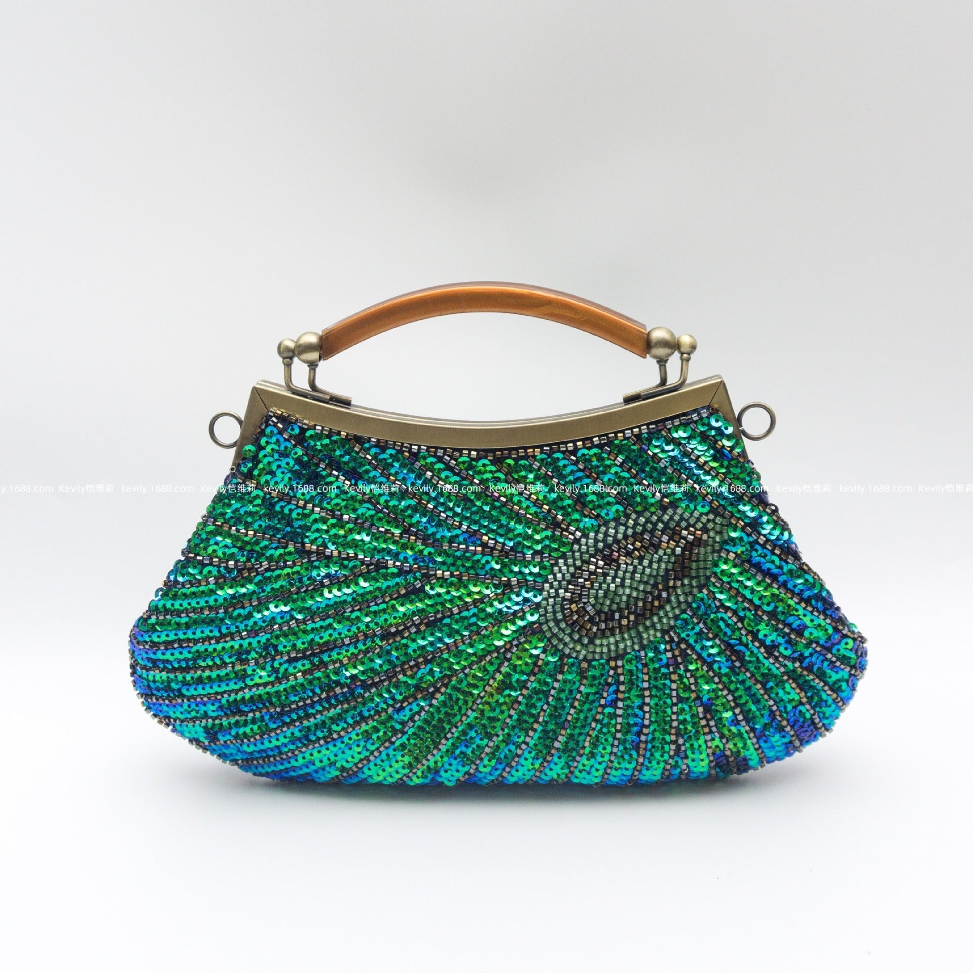 Beaded evening clutch with peacock-feather design – vintage handbag for women