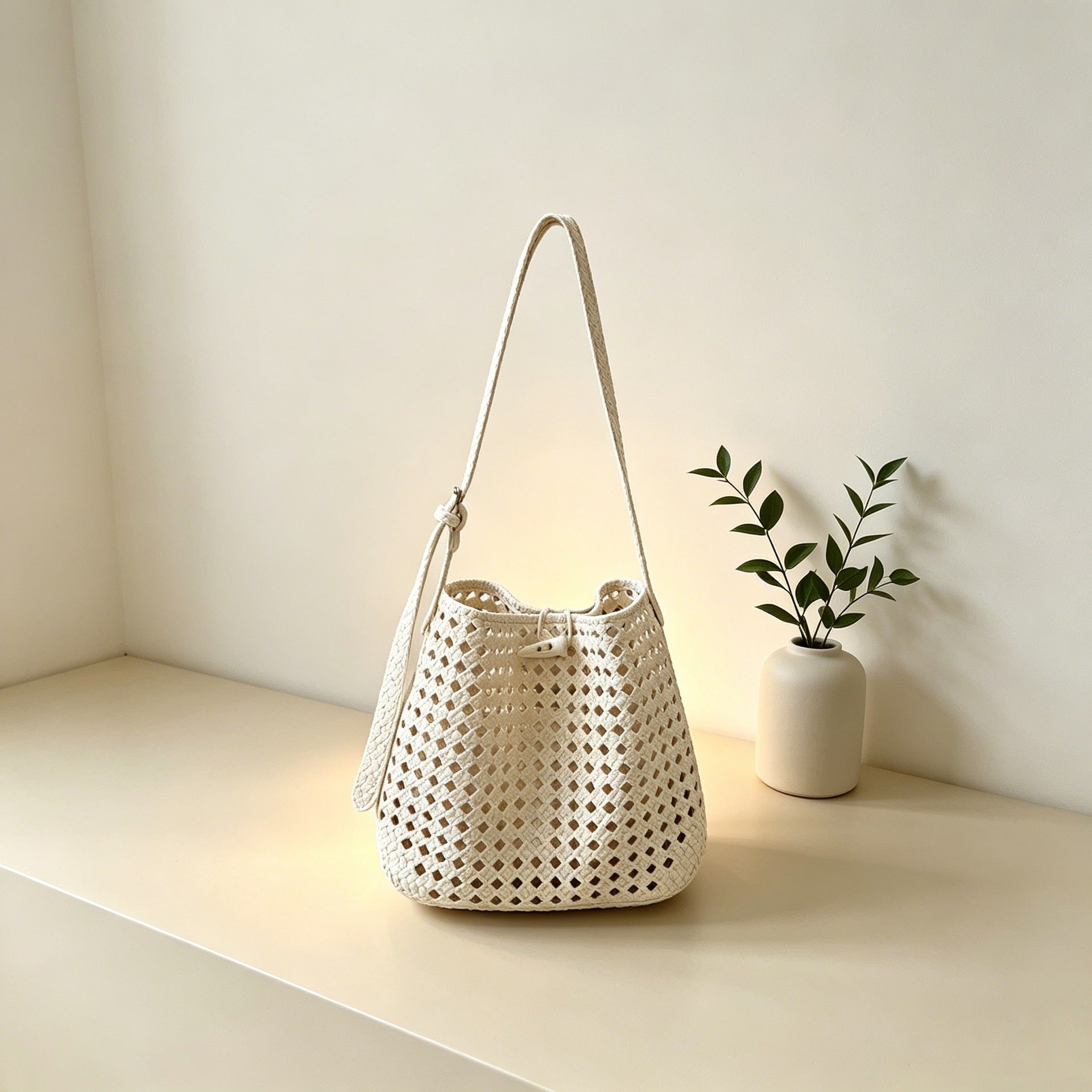 Hollow-out woven bucket bag for casual, beach-ready outings