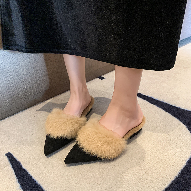 Pointed-toe suede mules with a faux-fur lining for cozy fall and winter wear
