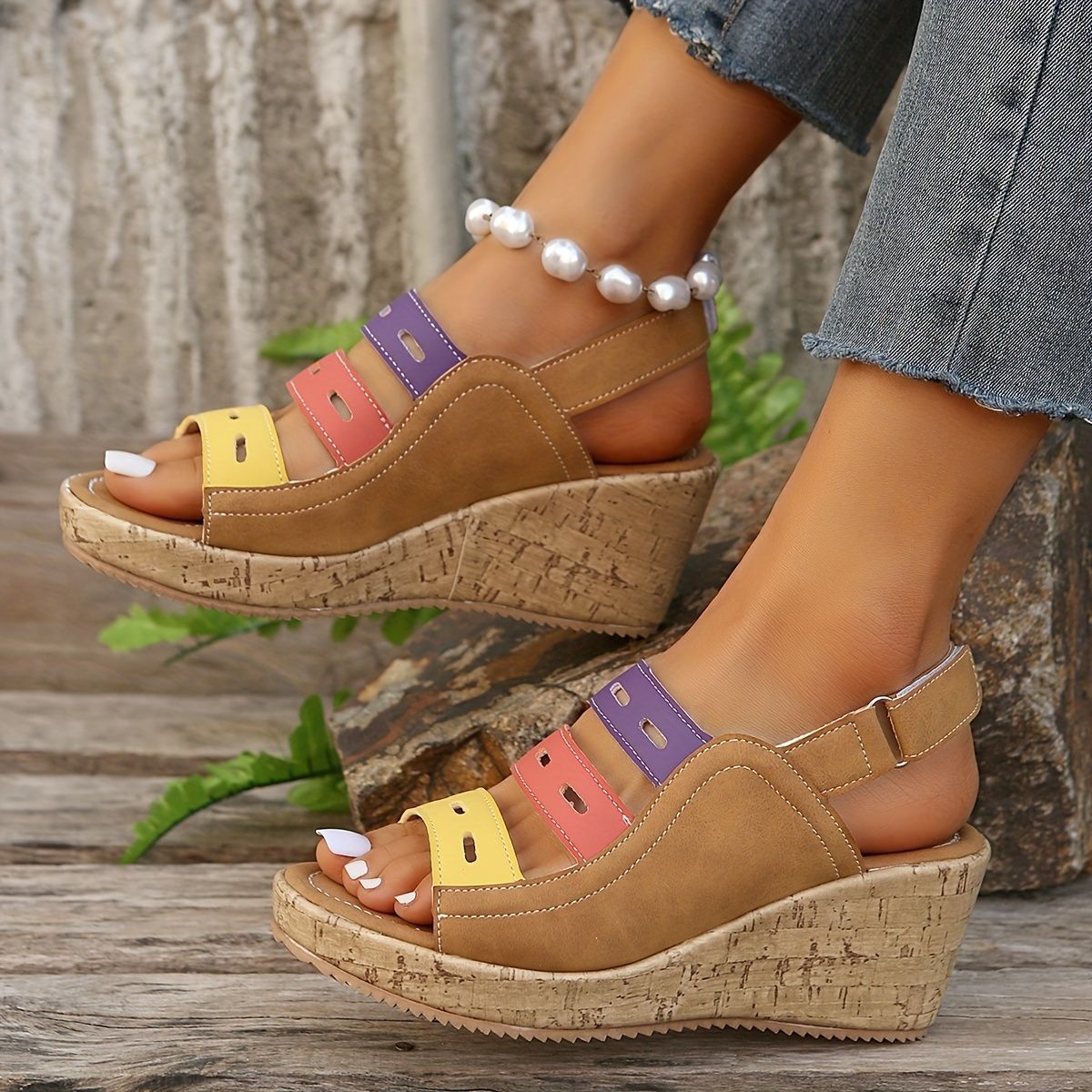 Women’s color-block platform sandals with velcro strap – chunky sole sandals for summer