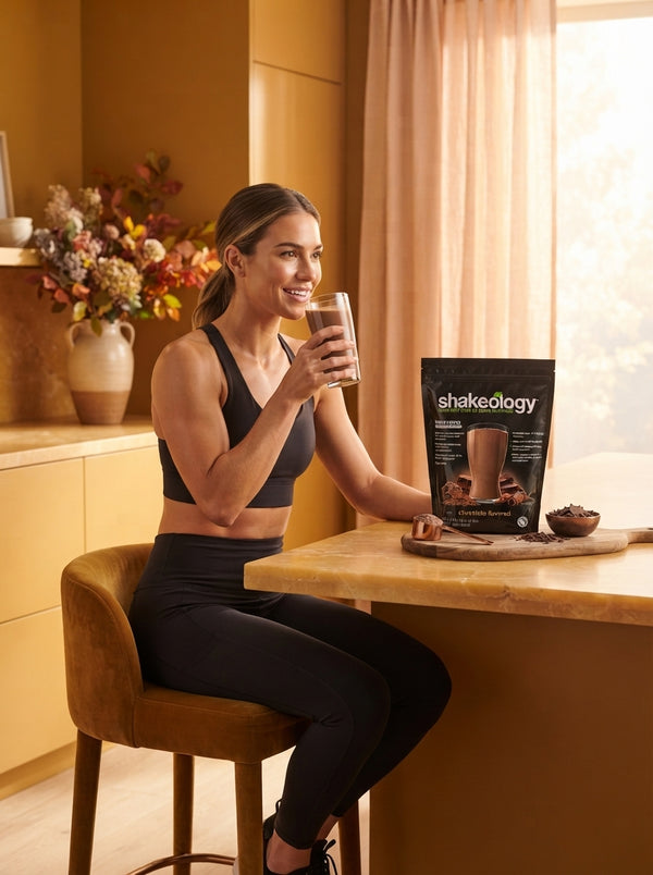 A person enjoying a chocolate protein shake in a warm, modern kitchen setting after a workout, with the protein bag nearby.