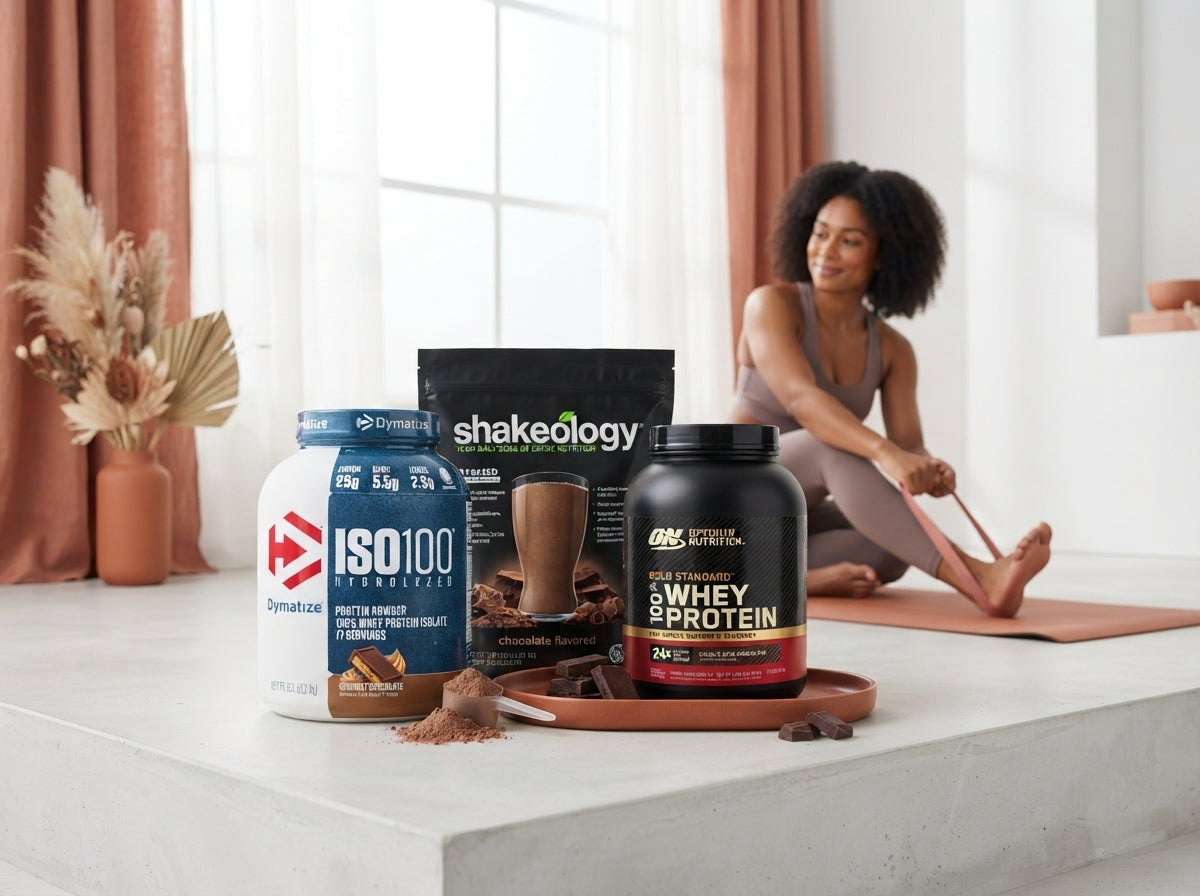 A diverse athlete recovering after a workout next to tubs of ISO100, Shakeology, and Gold Standard protein powders on a moder