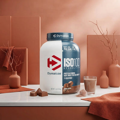 A tub of ISO100 Hydrolyzed Whey Protein Isolate displayed on a white surface with terracotta and burnt sienna accents.