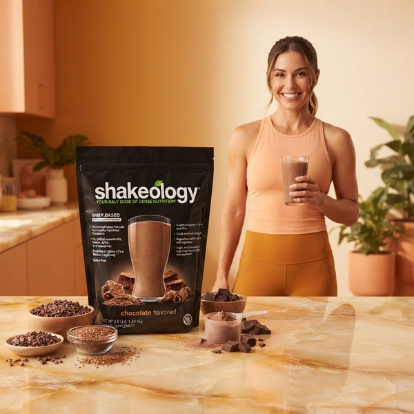 A woman holding a chocolate protein shake in a modern kitchen with a bag of Shakeology Chocolate Whey Protein on the counter.