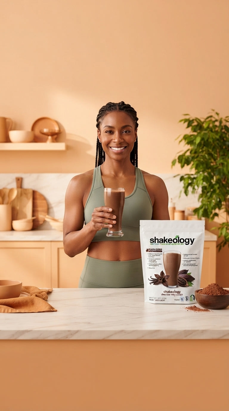 A person holding a chocolate protein shake in a modern, warm-toned kitchen with a bag of protein powder on the counter.