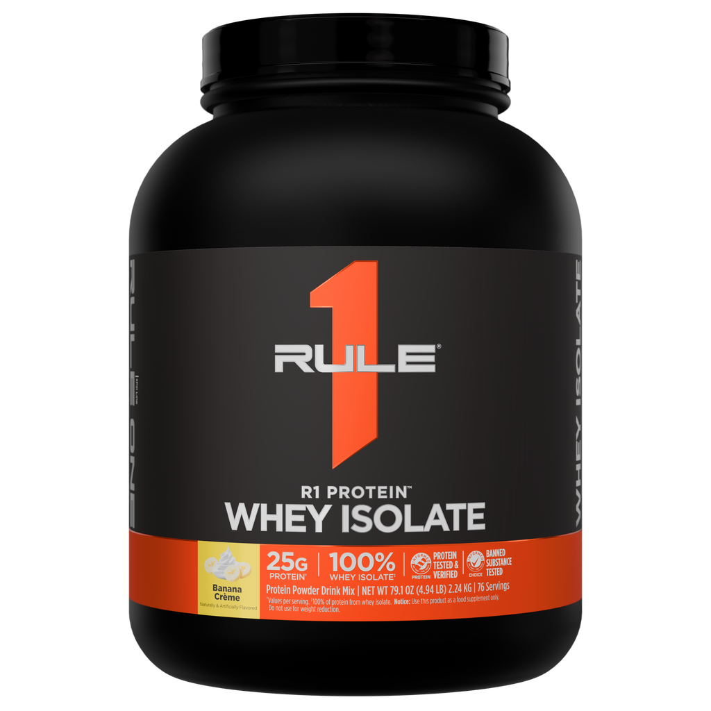 Front of a black protein powder tub with an orange stripe and brand logo