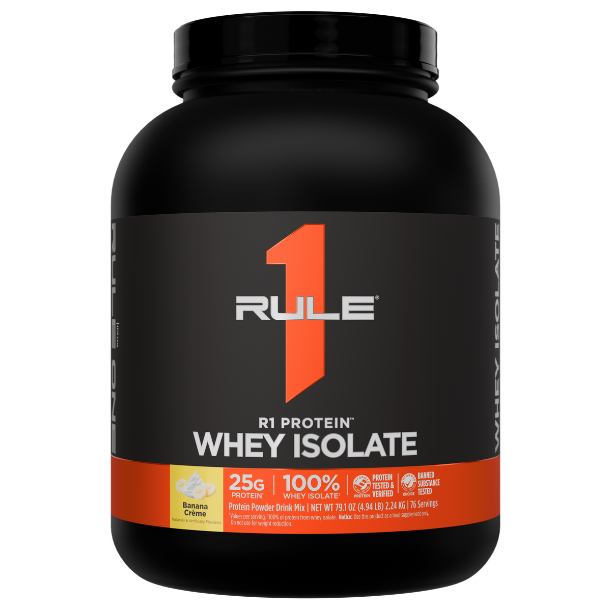 Front of a black protein powder tub with an orange stripe and brand logo