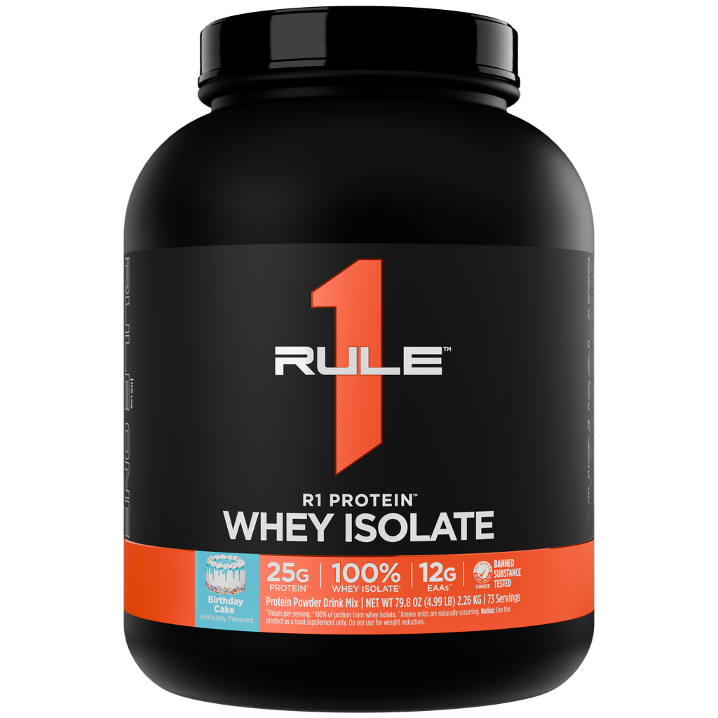 Black protein powder container with a black lid and an orange and white label displaying Birthday Cake flavor details