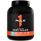 Black protein powder container with a black lid and an orange and white label displaying Birthday Cake flavor details