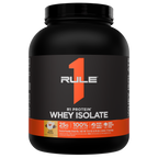 Front of a black protein powder tub with an orange stripe and brand logo