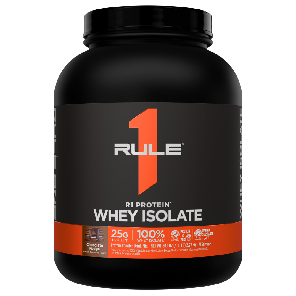 Front of a black protein powder tub with an orange stripe and brand logo