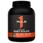 Front of a black protein powder tub with an orange stripe and brand logo