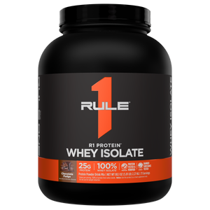 Front of a black protein powder tub with an orange stripe and brand logo