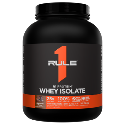 Front of a black protein powder tub with an orange stripe and brand logo