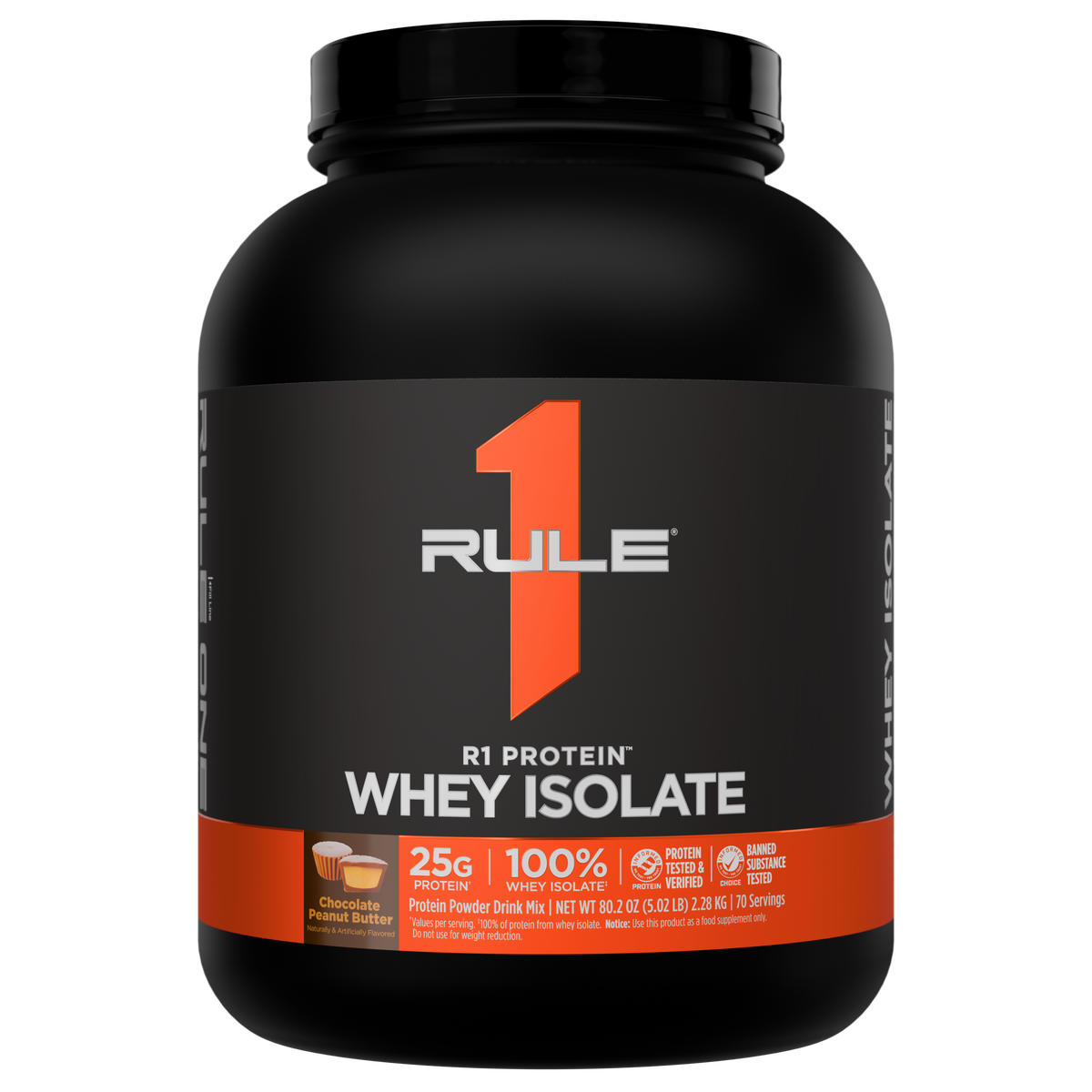Black and orange container of Rule 1 Protein Whey Isolate in Chocolate Peanut Butter flavor 80 2 oz