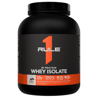 Black and orange container of Rule 1 Protein Whey Isolate in Cookies Creme flavor 79 4 oz