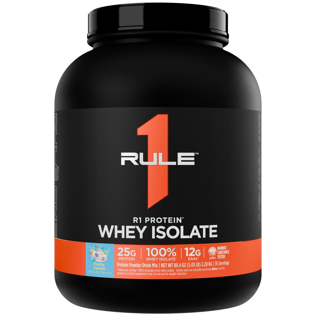 Black plastic tub with orange label and Punky Patches graphic Contains R1 Protein Whey Isolate
