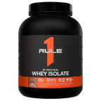 Black and orange container of Rule 1 Protein Whey Isolate in Milk Chocolate flavor 80 2 oz