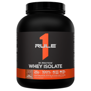 Black and orange container of Rule 1 Protein Whey Isolate in Milk Chocolate flavor 80 2 oz