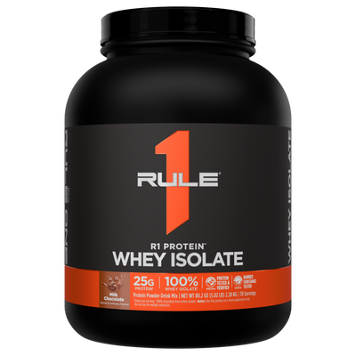 Black and orange container of Rule 1 Protein Whey Isolate in Milk Chocolate flavor 80 2 oz