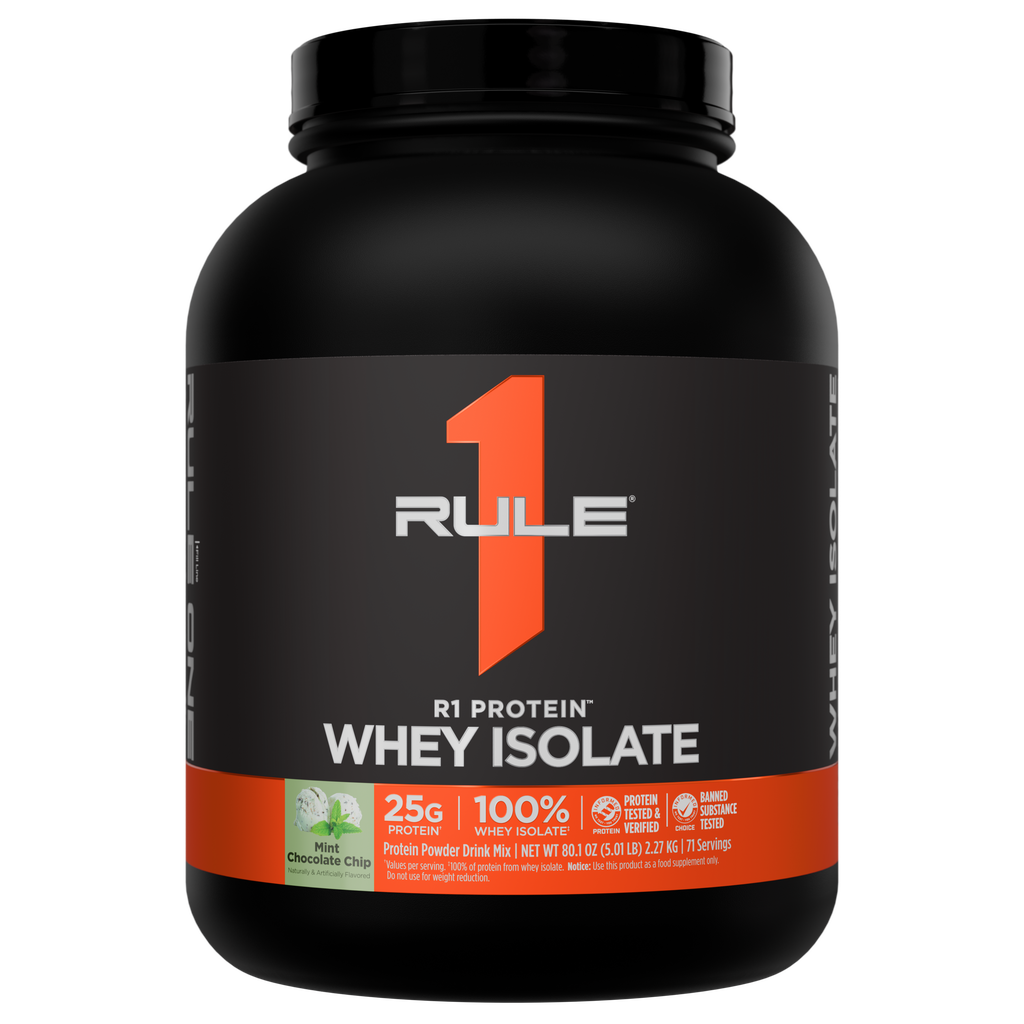 Black and orange container of Rule 1 Protein Whey Isolate in Mint Chocolate Chip flavor 80 1 oz
