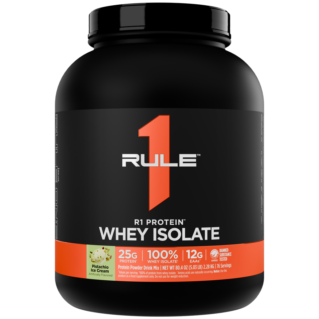 Large black tub of protein powder with an orange label displaying RULE 1 WHEY ISOLATE and nutritional facts