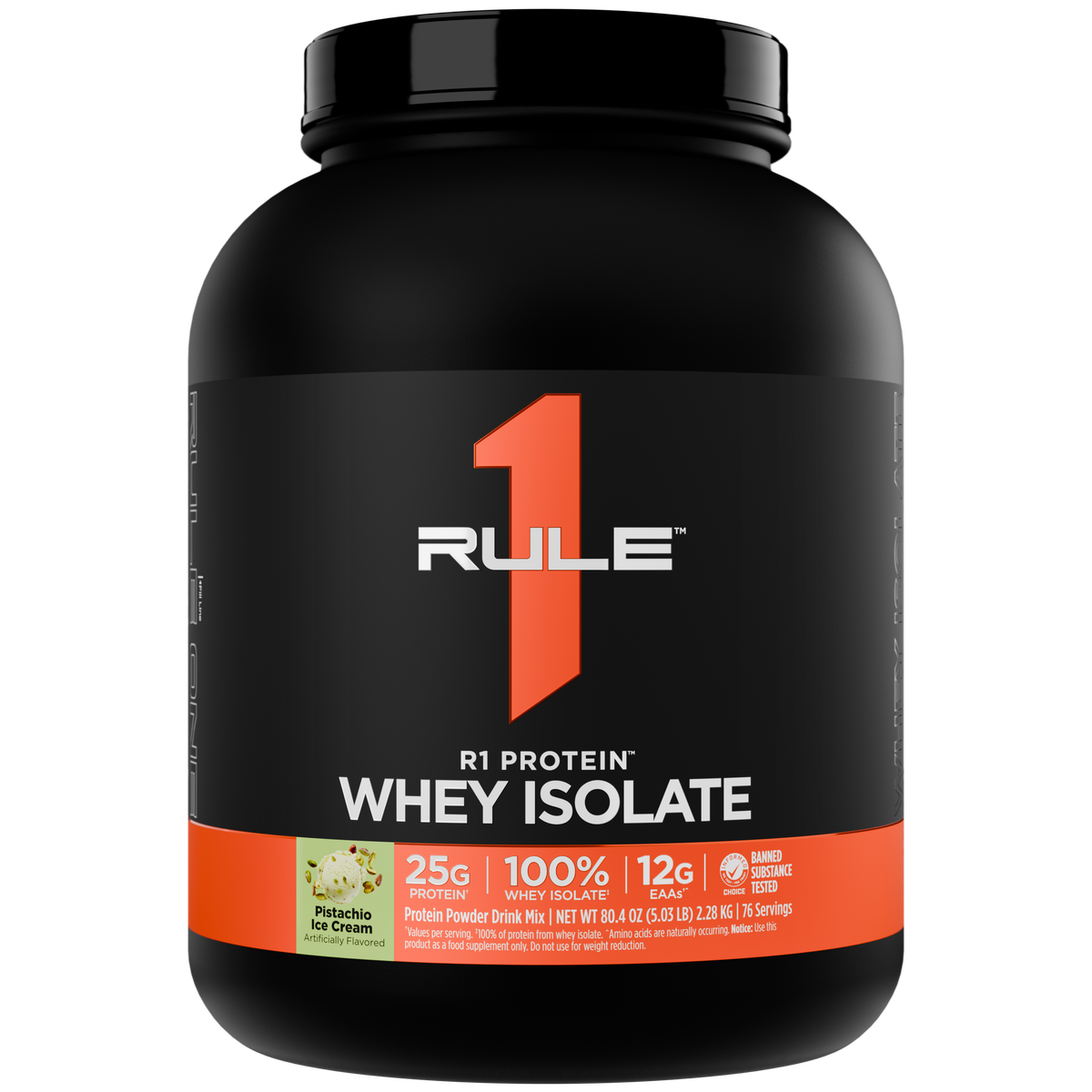 Large black tub of protein powder with an orange label displaying RULE 1 WHEY ISOLATE and nutritional facts