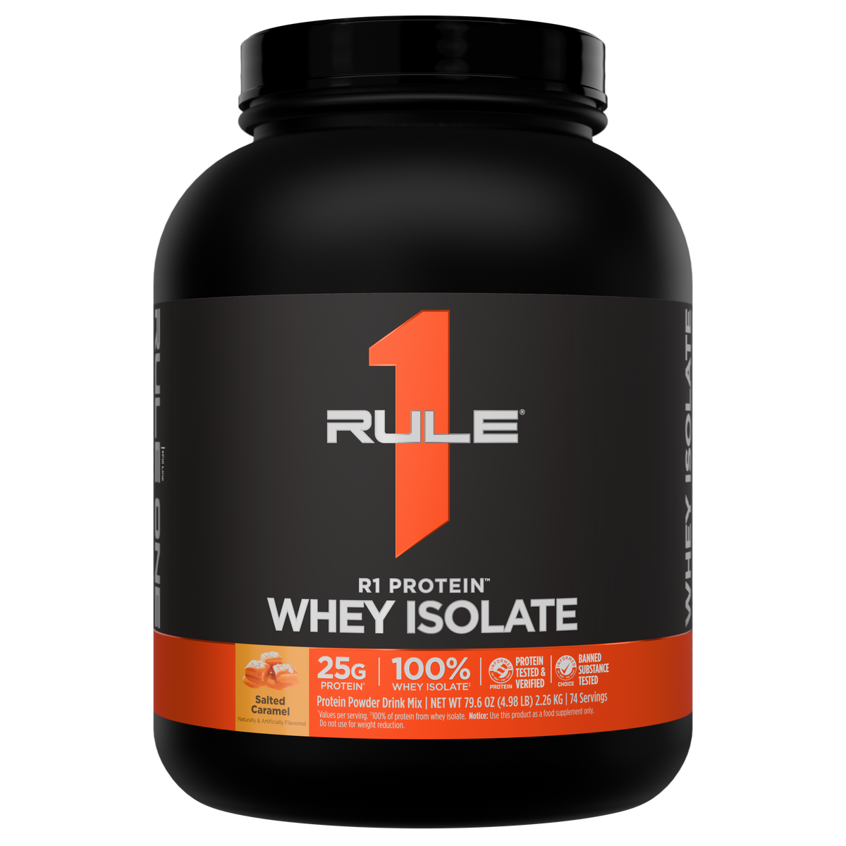 Front of a black protein powder tub with an orange band and the text WHEY ISOLATE