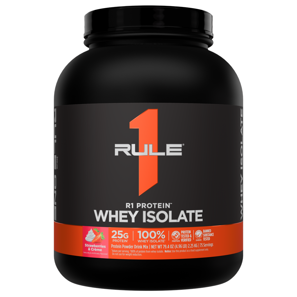 Front of a black protein powder tub with an orange band showing WHEY ISOLATE and Strawberries Crème