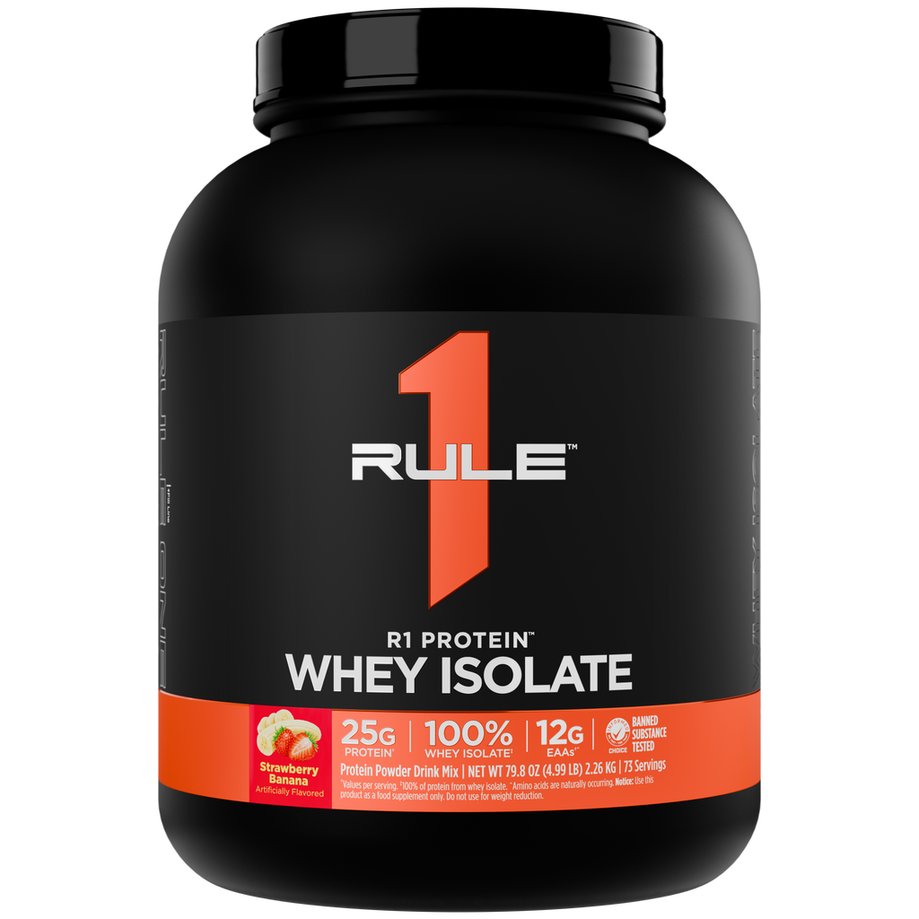 Black tub of protein powder with an orange and white label Flavor is Strawberry Banana