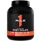 Black tub of protein powder with an orange and white label Flavor is Strawberry Banana
