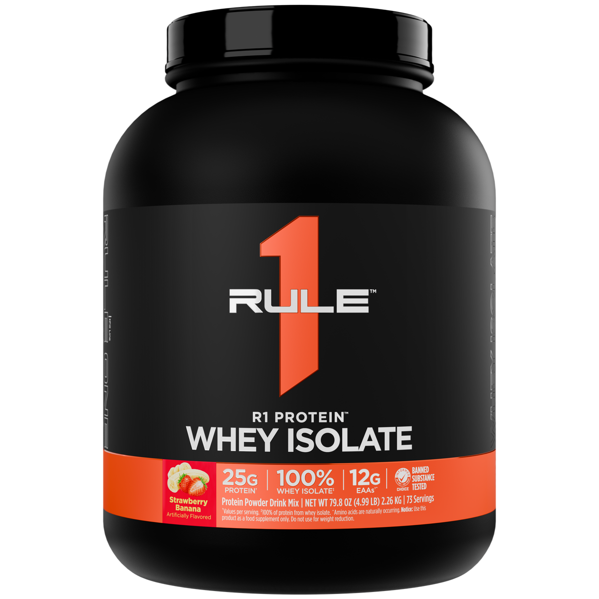 Black tub of protein powder with an orange and white label Flavor is Strawberry Banana