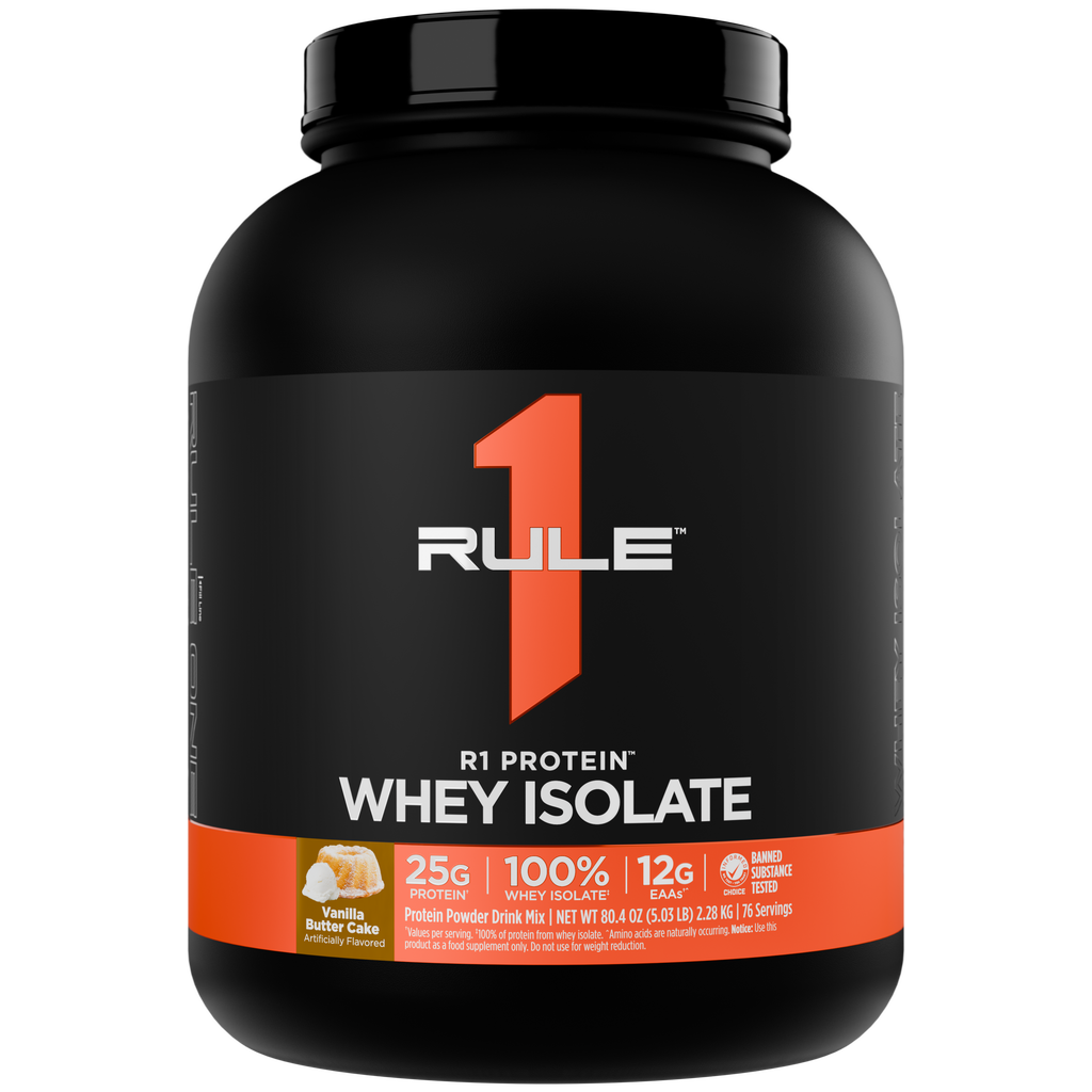 Black tub of protein powder with an orange and white label Flavor is Vanilla Butter Cake