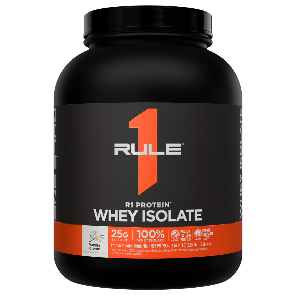 Black protein powder tub with an orange label The label reads R1 Protein Whey Isolate Vanilla Crème