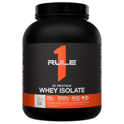 Black protein powder tub with an orange label The label reads R1 Protein Whey Isolate Vanilla Crème